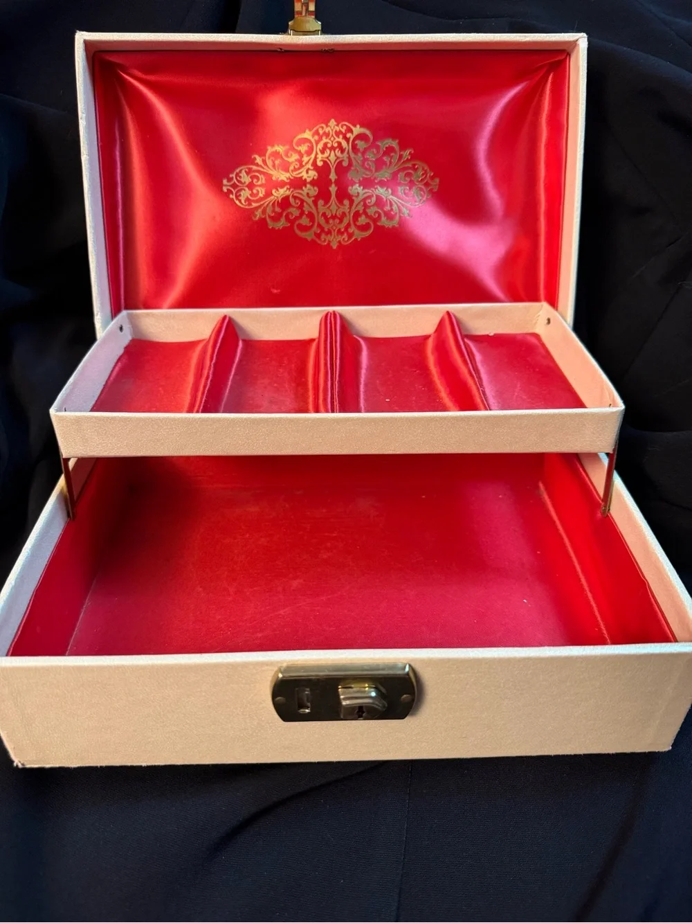 1950s Cream & Gold Jewelry Box. W.T. Grant Co. Working Lock & Key